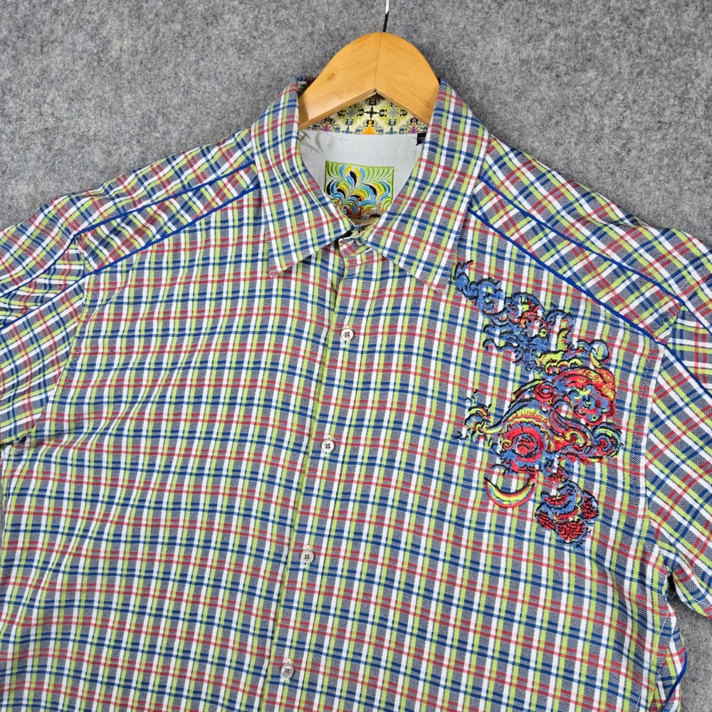Robert Graham Shirt Mens 2XL Multi Plaid Embroidered Dragon Graphic Short Sleeve